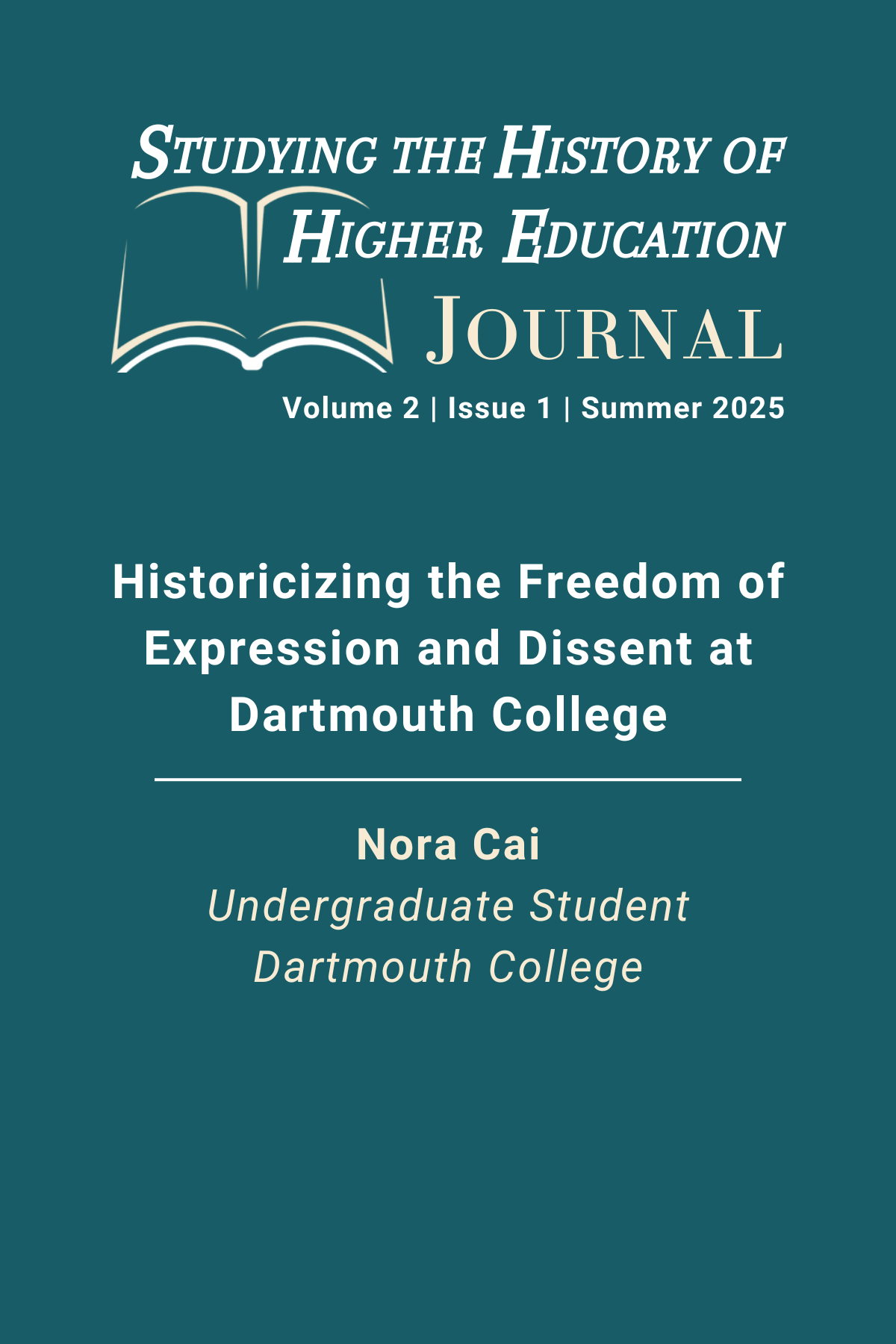 Cover image of article #1 of the Studying the History of Higher Education Journal including the SHHE Journal logo, name of the article title, author, and title of the author